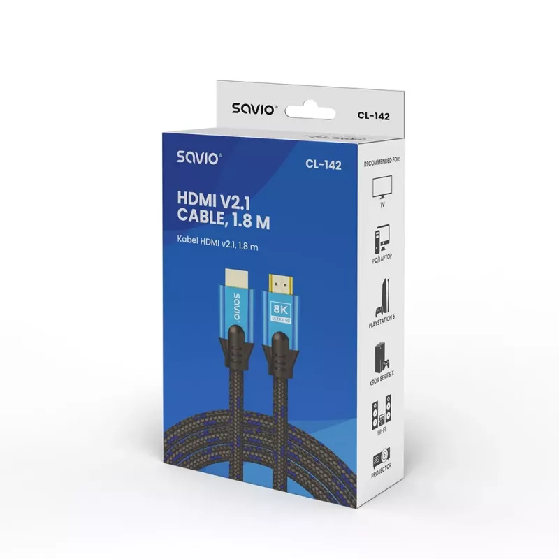 HDMI-Kabel Savio CL-142 v2.1 1,8 m, HDMI Typ A Stecker–Stecker, vergoldete Kontakte, Schwarz/Blau