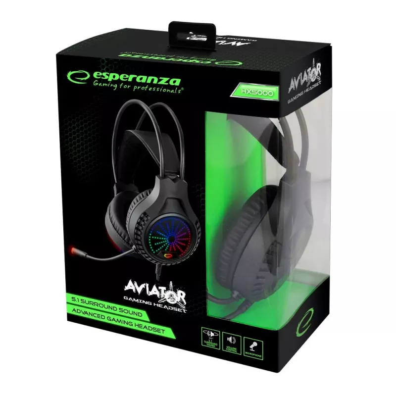Kabelgebundene Gaming-Kopfhörer ESPERANZA EGH5000 — ohrumschließend, USB 2.0, 20–20.000 Hz, 32 Ω, 105 dB, 1,5 m Kabel, Schwanenhalsmikrofon