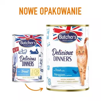 Nassfutter für Katzen Butcher's Pet Care Delicious Dinners 400 g — Forellengeschmack, ausgewachsene Katzen, konservierungsstofffrei, glutenfrei