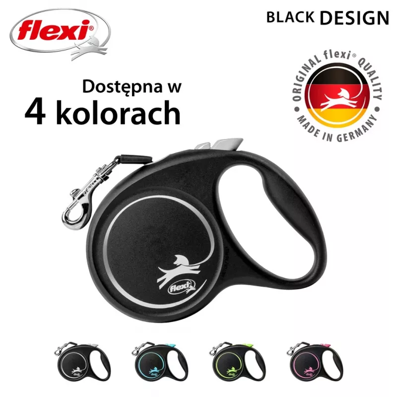 Flexi Schwarz Design M, Rollleine mit Band, 5 m, für mittelgroße Hunde (10–25 kg), max. Belastung 20 kg