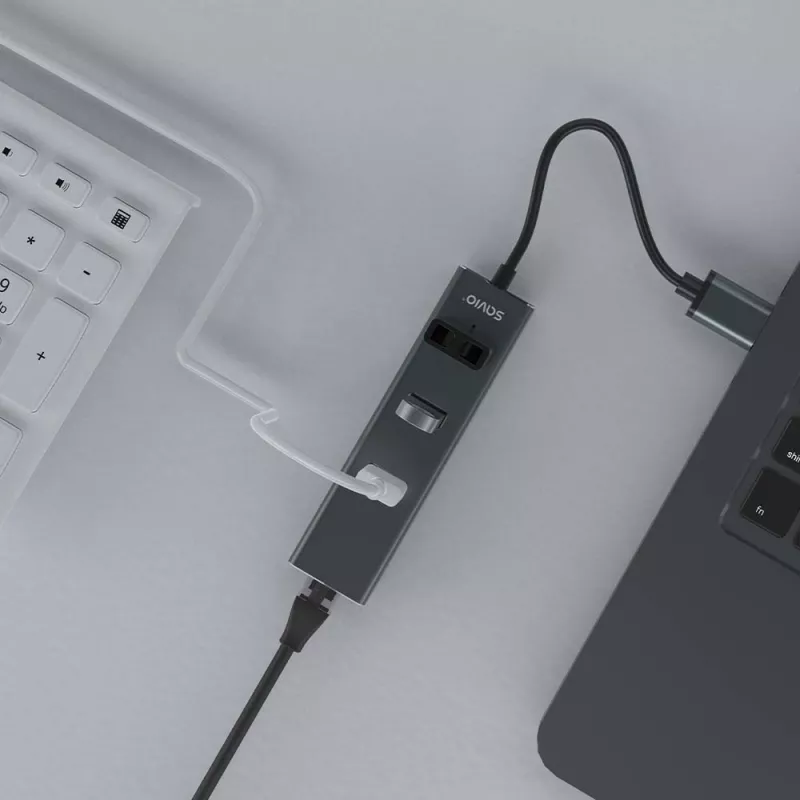 SAVIO USB-A-Hub mit RJ-45 Gigabit Ethernet AK-57 — 3× USB-A + RJ-45, USB 3.2 Gen 1 Micro‑B Host, 5 Gbit/s, 4 Ports, grau