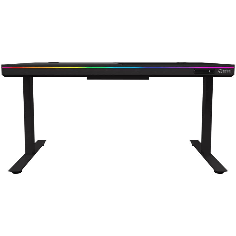Höhenverstellbarer Gaming-Schreibtisch mit zwei Motoren, Sitz-/Stehfunktion, kabellosem Ladegerät, RGB-Beleuchtung, Bedienfeld und USB-Anschlüssen, Tischplatte aus gehärtetem Glas, schwarz