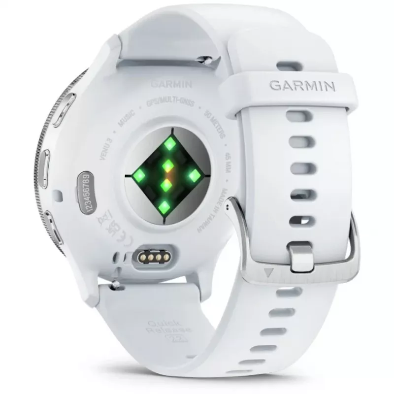 Smartwatch GARMIN Venu 3 – 1,4 Zoll AMOLED, 45 mm Gehäuse, GPS, Wi‑Fi, 8 GB, Silber/Weiß, Silikonarmband
