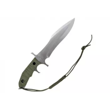 Feststehendes Messer Cinema Classic CC-H5 Rambo V — Überlebensmesser, Stahlklinge 230 mm, Gesamtlänge 385 mm, grüner Polymergriff, Lederscheide