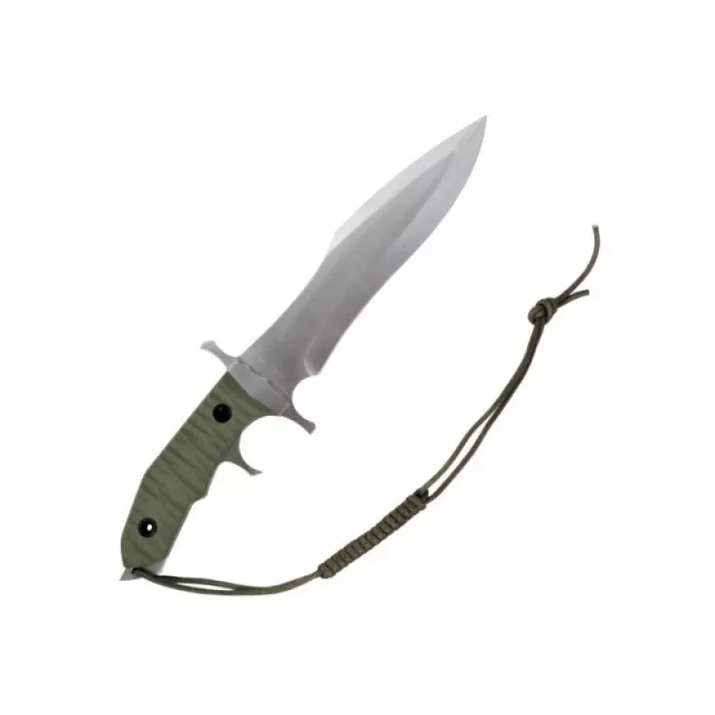 Feststehendes Messer Cinema Classic CC-H5 Rambo V — Überlebensmesser, Stahlklinge 230 mm, Gesamtlänge 385 mm, grüner Polymergriff, Lederscheide