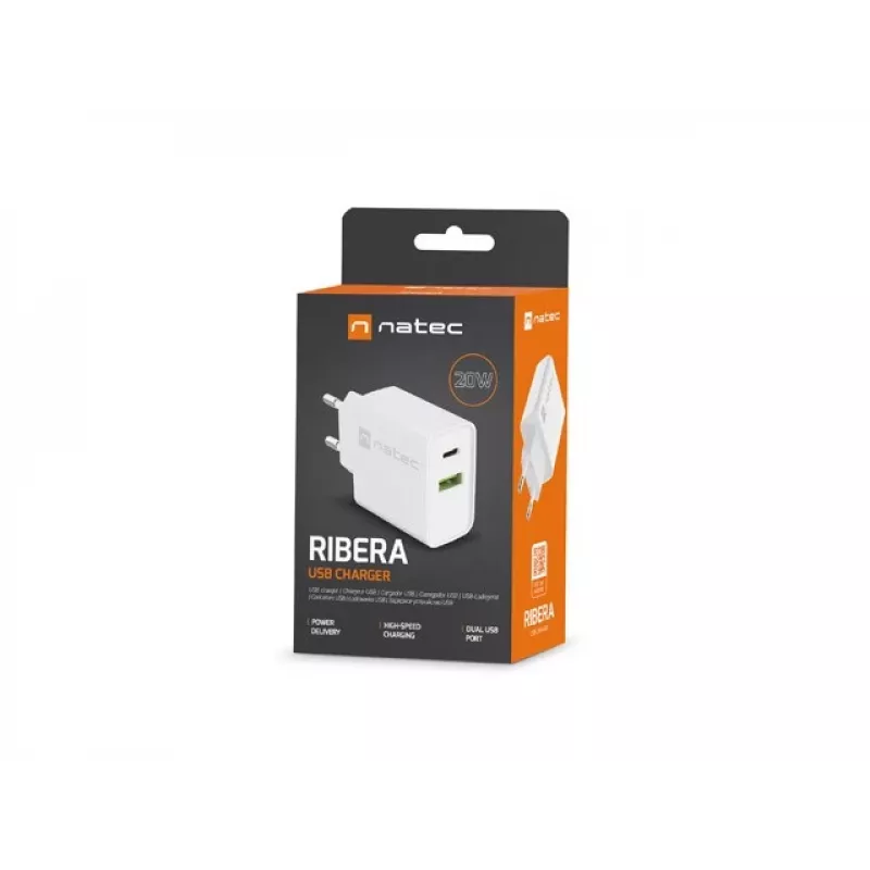 Netz-Schnellladegerät NATEC RIBERA 12V 20W USB-C PD 3.0 + USB-A Samsung AFC Weiß
