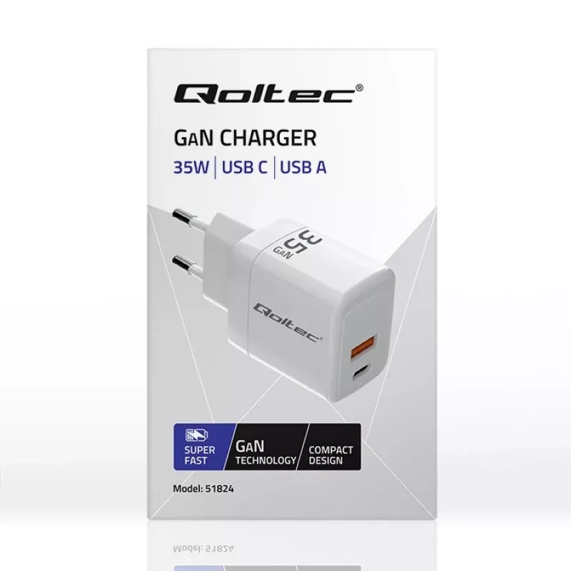 Ladegerät QOLTEC 51824 GaN 35W USB-C PD & USB QC 3.0, 5–20V, 1x USB-C, 1x USB-A