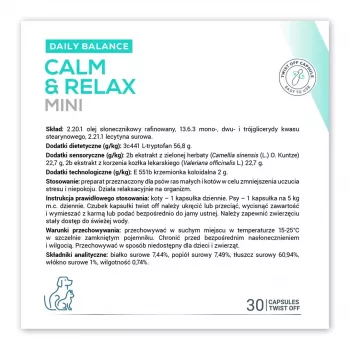 Beruhigungsergänzung VETEXPERT Calm&Relax Mini — 30 Kapseln für kleine Hunde und Katzen, 100 g, zuckerfrei, glutenfrei