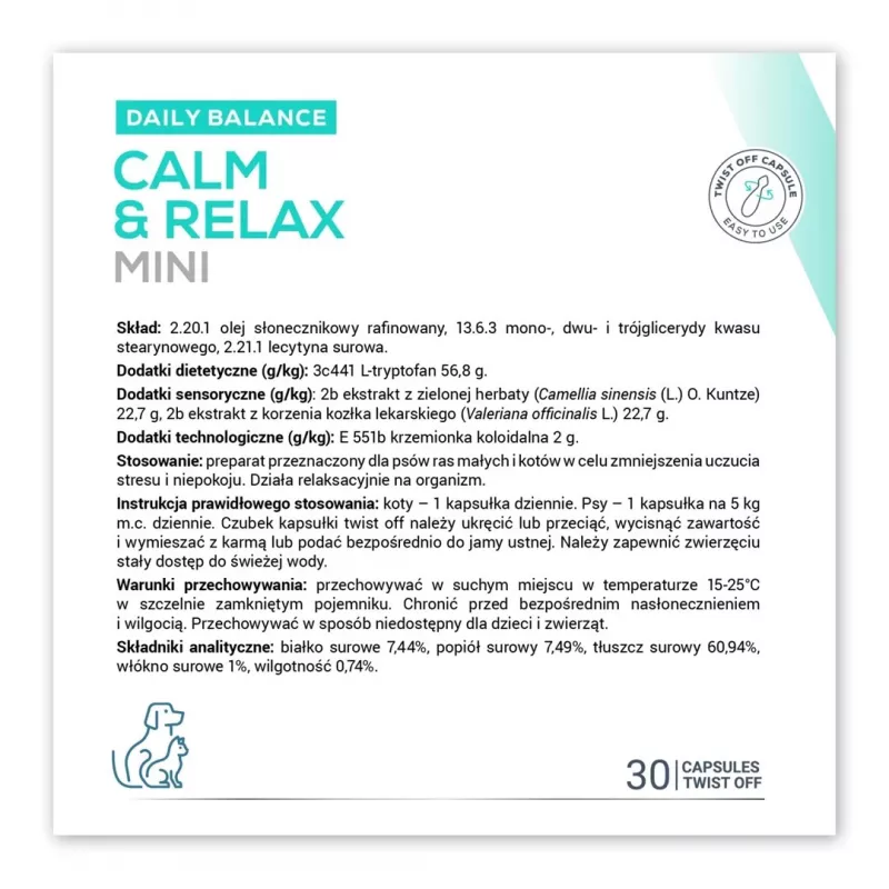 Beruhigungsergänzung VETEXPERT Calm&Relax Mini — 30 Kapseln für kleine Hunde und Katzen, 100 g, zuckerfrei, glutenfrei