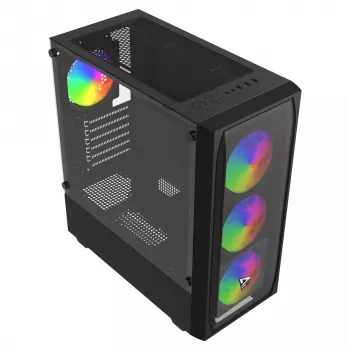 PC-Gehäuse SAVIO Noctis Flow RGB — Cube, ATX/Mini-ITX, 3x 120 mm Frontlüfter, Seitenfenster aus gehärtetem Glas, max. GPU 35 cm