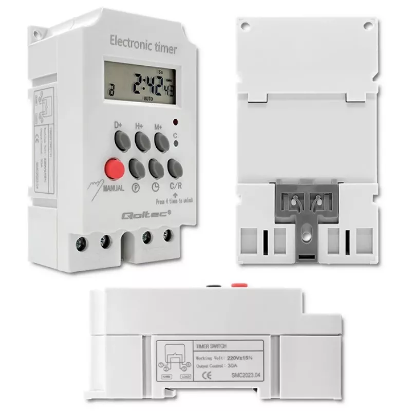 Elektronischer DIN-Schienen-Zeitschalter QOLTEC PC0629 — 24V Versorgung, 16A Ausgang