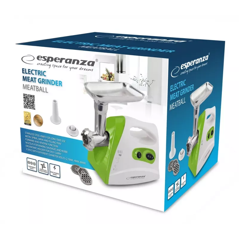 Fleischwolf ESPERANZA EKM012G — 600 W, Edelstahlklinge, Wursthorn, Kebbe-Aufsatz, Rückwärtslauf, rutschfeste Füße, weiß/grün
