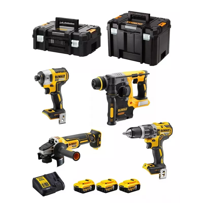 Werkzeugset DeWalt DCK422P3T-QW Akku-Komboset 18V 5Ah (3 Akkus), Bohrschrauber DCD796, Bohrhammer, 4 cm Holz, 1,3 cm Stahl