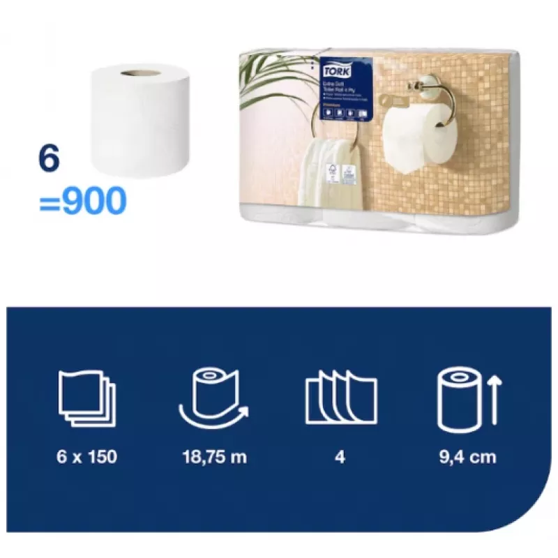 Toilettenpapier Tork Premium Extra Soft Conventional T4 — 4-lagige Rollen 9,7 cm x 19,1 m, Packung mit 6