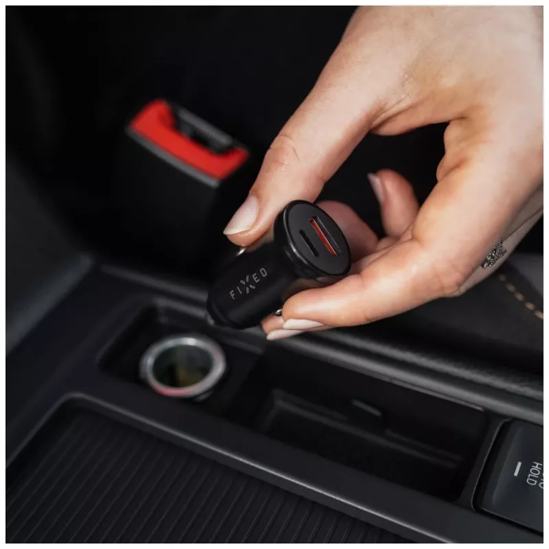 Autoladegerät FIXED FIXCC20N-CU-BK — USB-C- und USB-A-Anschlüsse, 20 W Ausgangsleistung, kompakter Kfz-Adapter