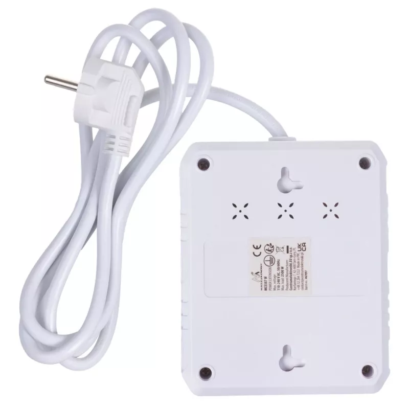 Steckdosenleiste MACLEAN MCE387 W — 2 Steckdosen, 3×USB A, 110–240 V, 2500 W, 1,5 m Kabel, weiß