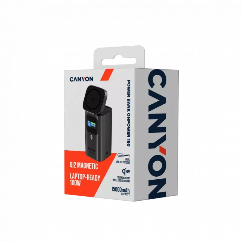 CANYON Qi2 magnetische Powerbank OnPower 150 15000mAh Aluminium Dunkelgrau