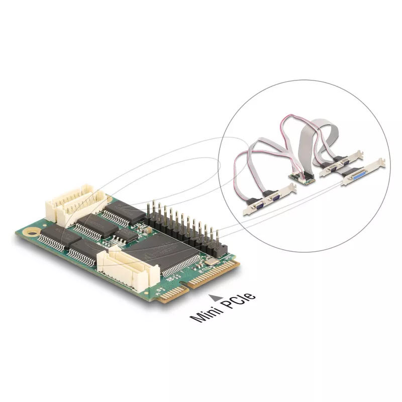 Interner Mini-PCIe-Schnittstellenadapter DELOCK 95279 — Serieller Host, Mini-PCIe-Ausgang, RS-232-Unterstützung, 460,8 Kbit/s, FIFO 256 B, 30×51×10 mm