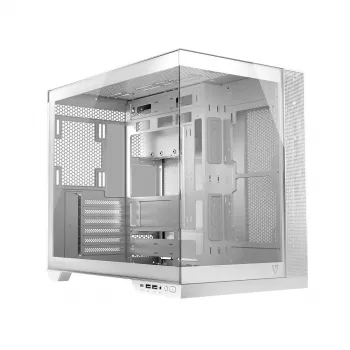 PC-Gehäuse MODECOM Volcano Panorama Midi Tower weiß — micro ATX, gehärtetes Glas, ARGB, USB-C, unterstützt GPU 400 mm