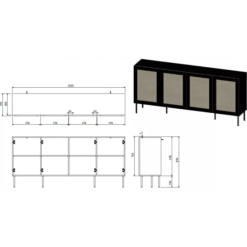 JUTA 4D Kommode 4D 200x39,5x90 schwarz + linol calabria