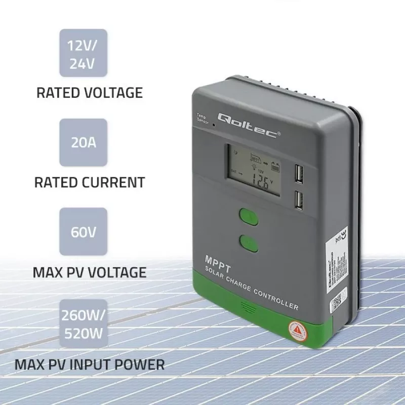 Qoltec, Solar-MPPT-Laderegler mit Temperatursensor 20A 12V/24V Display LCD 2 X USB