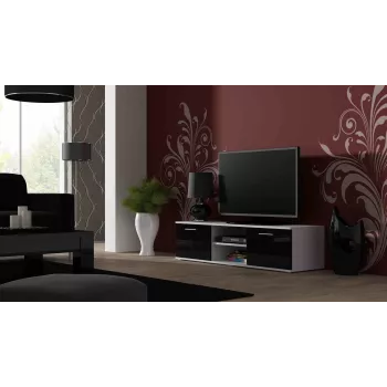 TV-Ständer cama meble SOHO 140 – 1400×430×370 mm, weiße Oberseite, Spanplatte, weißer Rahmen, schwarze Hochglanzfronten