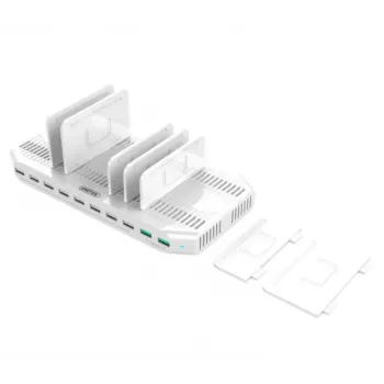 Ladestation Unitek Y-2190A — 10 USB-Anschlüsse (8×USB2.0 + 2×USB3.2 Gen1), kabelloses Laden, 96 W Gesamtleistung