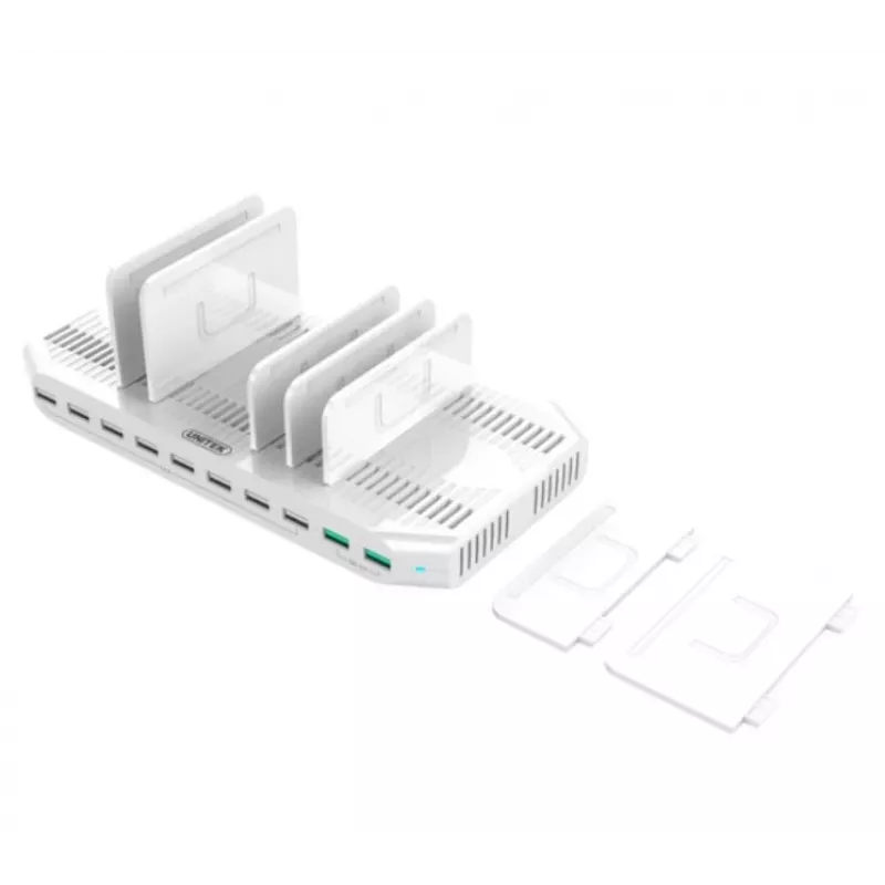 Ladestation Unitek Y-2190A — 10 USB-Anschlüsse (8×USB2.0 + 2×USB3.2 Gen1), kabelloses Laden, 96 W Gesamtleistung