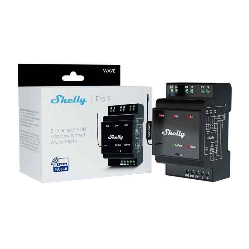 Hutschienen-Smart-Relais Shelly WavePro3 3-Kanal Z-Wave, 110–240 V, 25 A pro Kanal, AES-128, DIN-Montage