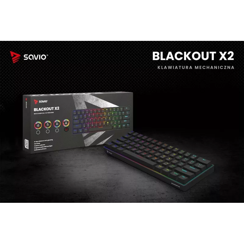 Mechanische Gaming-Tastatur SAVIO SchwarzOUT X2 PEACH — 61 Tasten 60 % QWERTZ, RGB LED, Hot-Swap, USB Typ-A/Typ-C, abnehmbares Kabel
