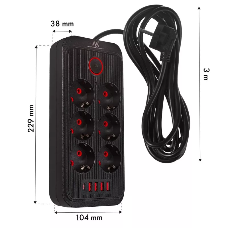 Steckdosenleiste MACLEAN MCE391 B – 6 Steckdosen, 4×USB-A + 1×USB-C, 110–240V, 2500W, 3 m Kabel, schwarz