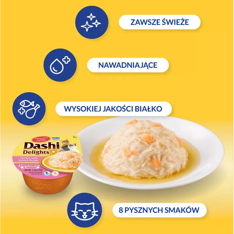 Feuchte Katzenleckerlis INABA Dashi Delights Huhn mit Lachs in Brühe 70 g — Fischleckerli, getreidefrei, soja- und glutenfrei