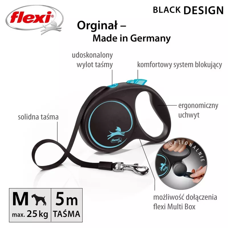 Rollleine Flexi flexi Schwarz Design M — 5 m Länge, Bandausführung, max. Belastung 25 kg, ergonomischer Griff
