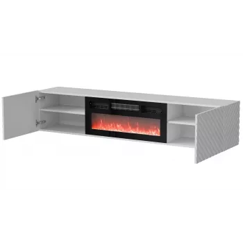 TV-Schrank Cama Meble LARA 183x35x37 cm, weiße matte Oberseite, weißer Rahmen, schwarzer Kamin
