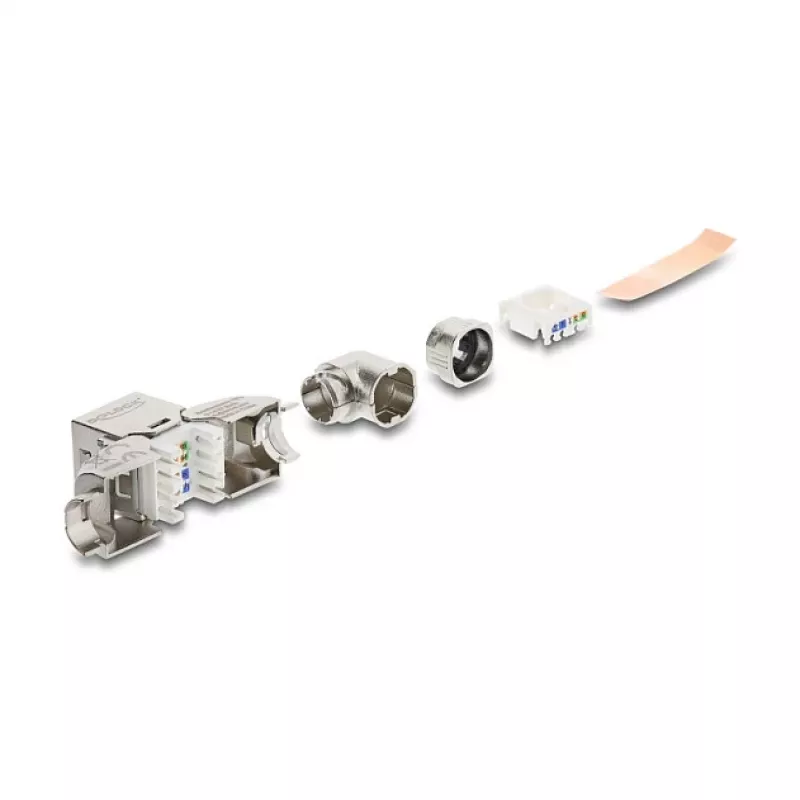 DeLOCK Keystone-Modul RJ45-Buchse auf LSA Cat.6A Metallverriegelung werkzeugfrei 90° abgewinkelt geschirmt