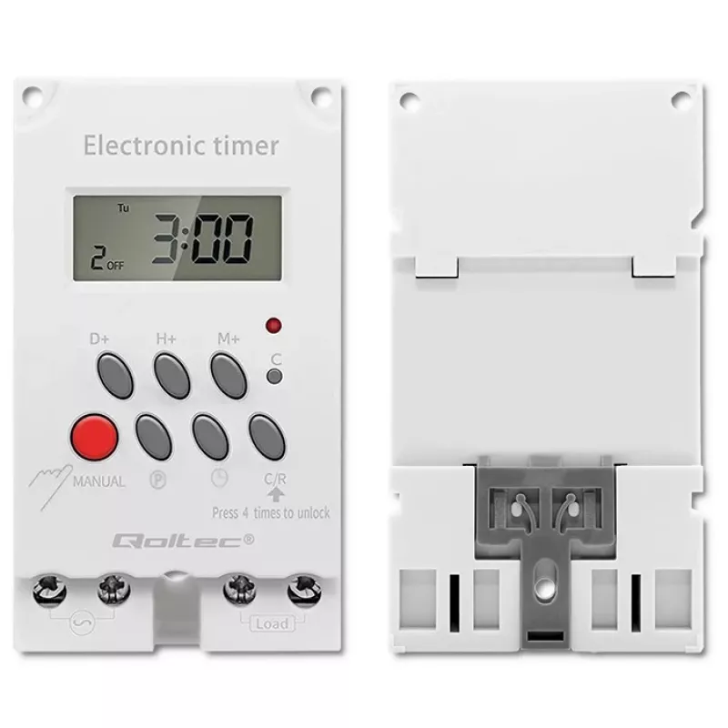 Elektronischer DIN-Schienen-Zeitschalter QOLTEC PC0629 — 24V Versorgung, 16A Ausgang
