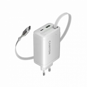 CANYON Ladegerät OnCharge 65RC mit integriertem USB-C-Kabel 65W, 1x PD, 1x QC, EU-Stecker, Weiß