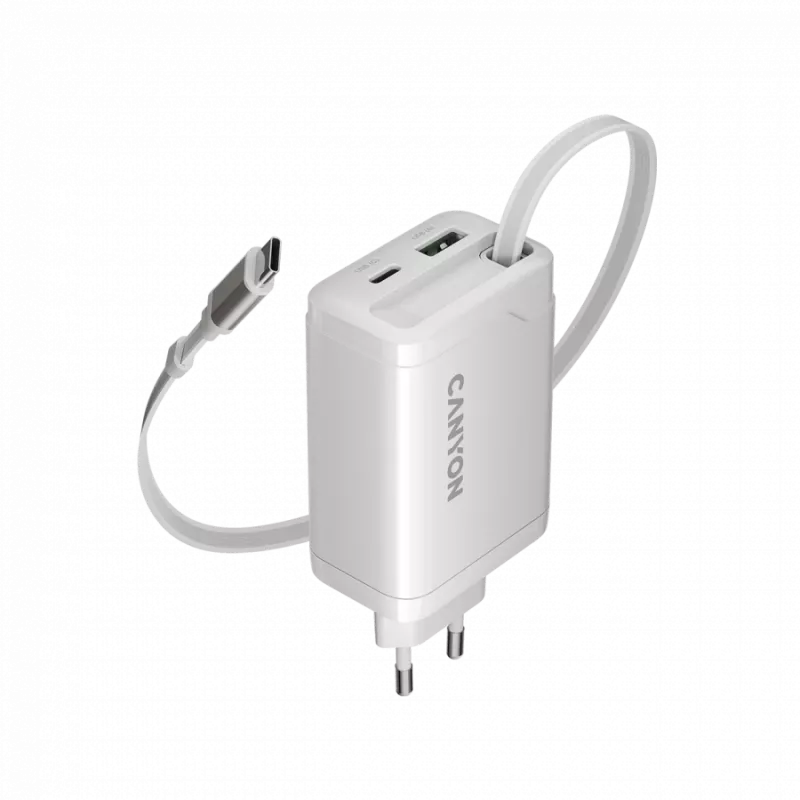 CANYON Ladegerät OnCharge 65RC mit integriertem USB-C-Kabel 65W, 1x PD, 1x QC, EU-Stecker, Weiß