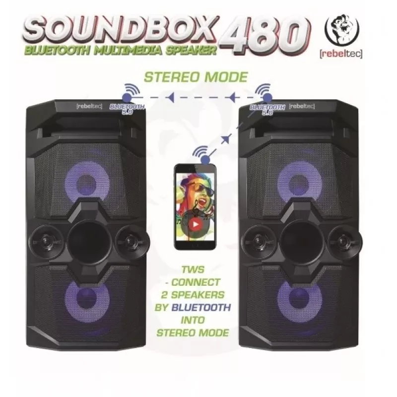 Rebeltec SoundBox 480 Tragbarer Bluetooth-Stereo-Lautsprecher Schwarz, 50W RMS