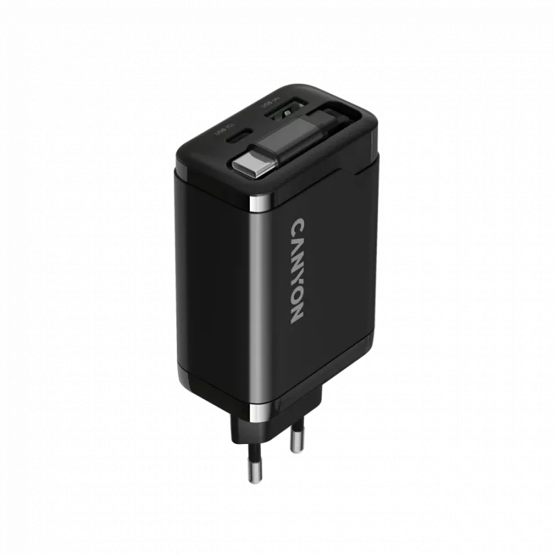 Ladegerät CANYON OnCharge 65RC mit integriertem USB-C-Kabel, 65 W, 1x PD, 1x QC, EU-Stecker, Schwarz