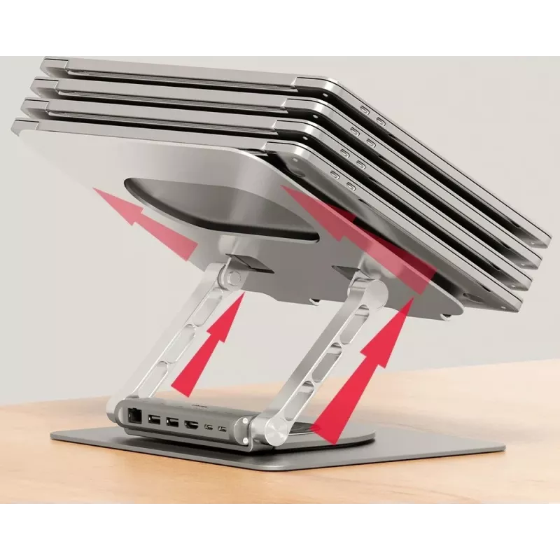Laptopständer Unitek D1109B01 — verstellbarer Aluminiumständer mit abnehmbarem USB‑C HDMI 4K PD 100W, 2x USB‑A, RJ‑45, für bis zu 17 Zoll
