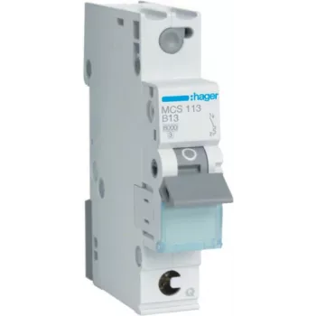 Hager MCS113. Bemessungsstrom: 13 A, Netzfrequenz: 50/60 Hz. Auslösecharakteristik: C, Teilungseinheiten (max.): 1 Modul(e). Breite: 17,5 mm, Tiefe: 70 mm, Höhe: 83,4 mm (MCS113)
