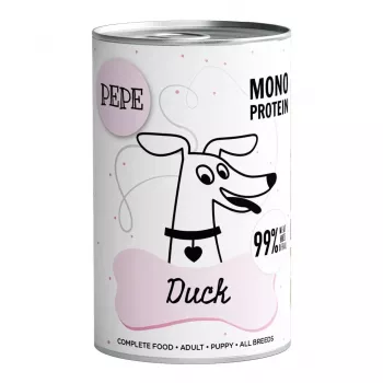 Nassfutter für Hunde PAKA ZWIERZAKA Pepe Ente 400 g — ausgewachsene Hunde, Entengeschmack, Dose, gluten-/soja-/zuckerfrei