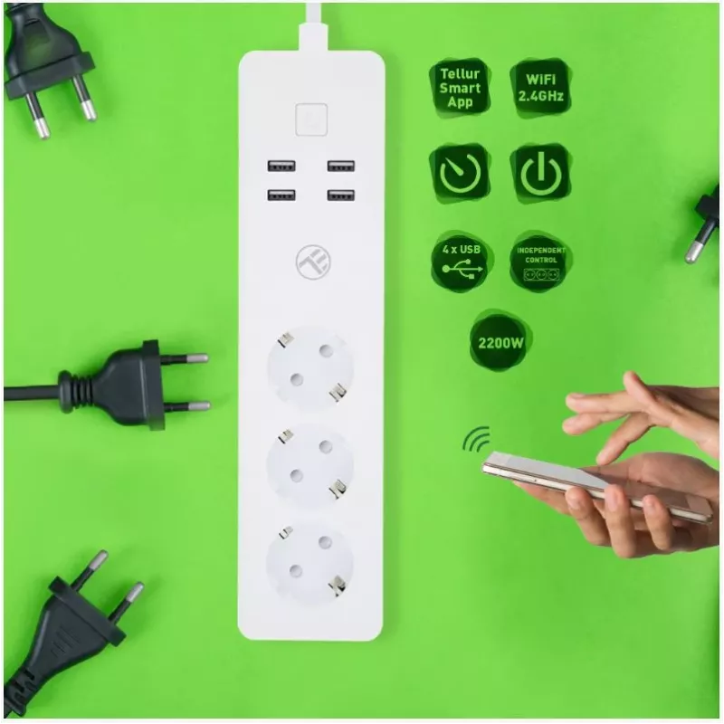 Tellur WiFi Smart-Steckdosenleiste mit 3 AC-Steckdosen und 4 USB-Ports (4A)