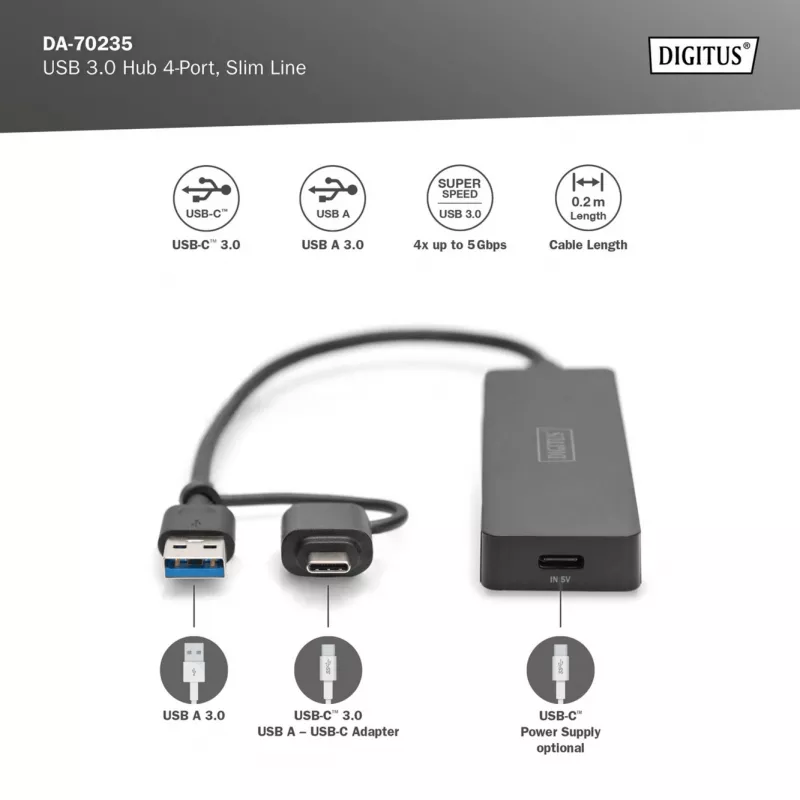 USB Hub, Digitus, DA-70235, 4-Port, USB 3.2 Gen 1, Type-A und Type-C, 12000 Mbit/s