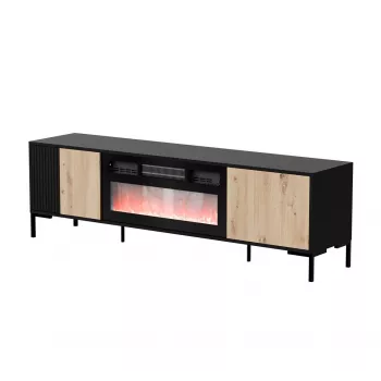 TV-Schrank cama meble MERCI mit Kamin, 180 x 40 x 53,5 cm, schwarze Oberseite, Rahmen in Eiche artisan