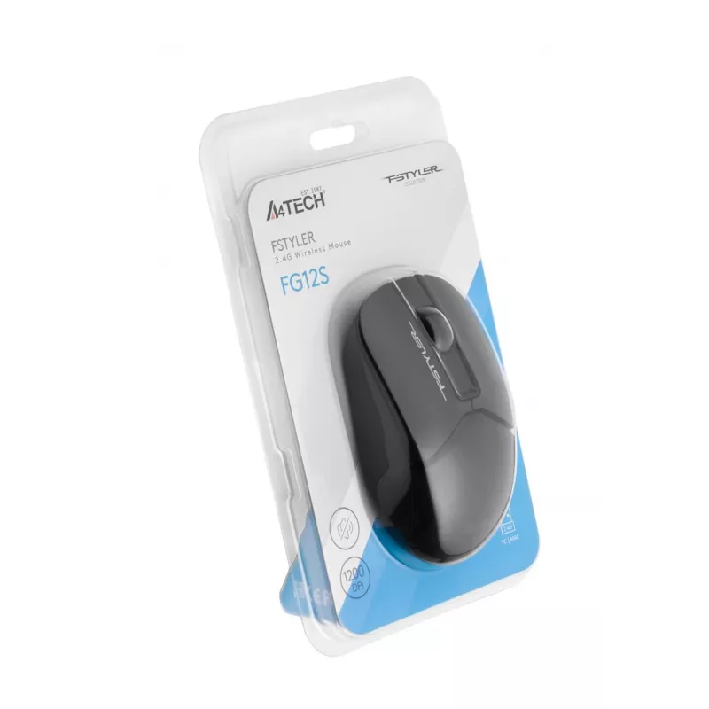 Kabellose optische Maus A4Tech FM12S Schwarz — 1200 dpi, RF-Nano-Empfänger, 3 Tasten, AA-Batterie