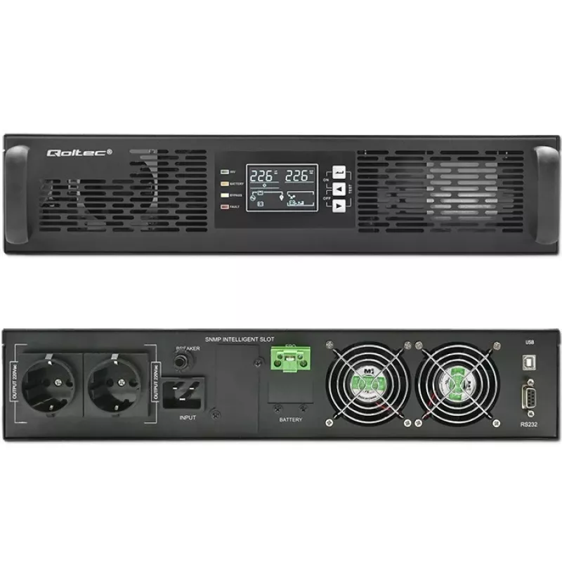 Qoltec USV AWARYJNY DO RACK 3KVA 3000W Leistungsfaktor 1.0 LCD EPO USB on-LINE (3VA, 3000W, Doppelwandlungs-Online-USV), USV
