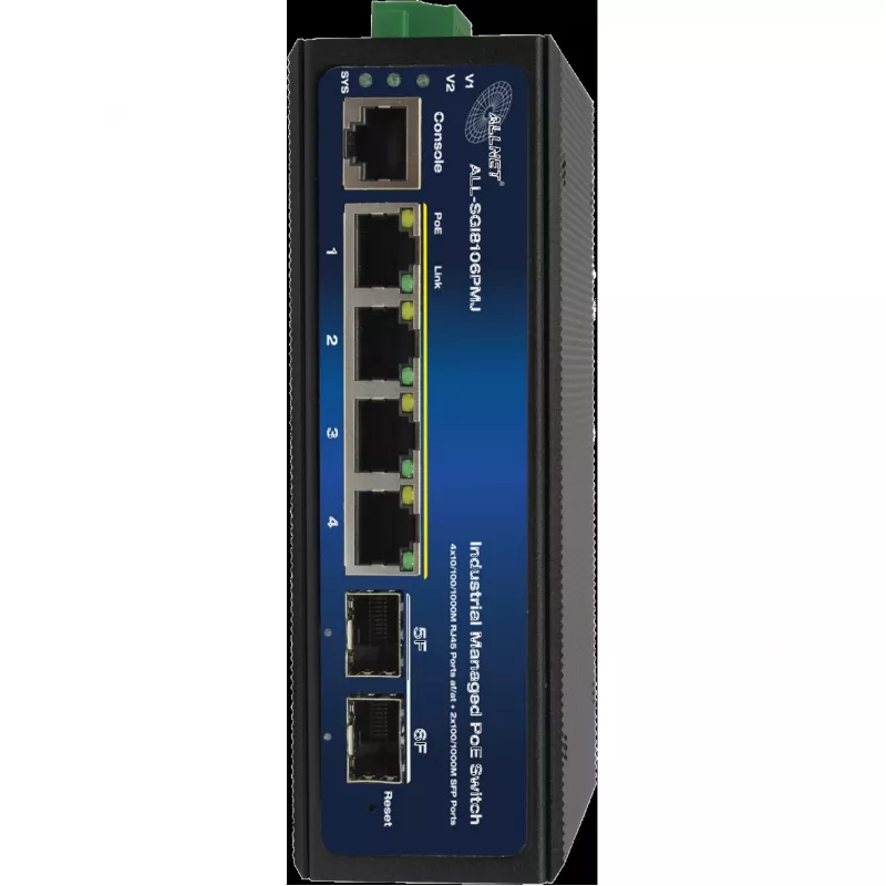 Industrial PoE Switch ALLNET ALL-SGI8106PMJ-BT — 6-Port (4 PoE+), robustes Metallgehäuse