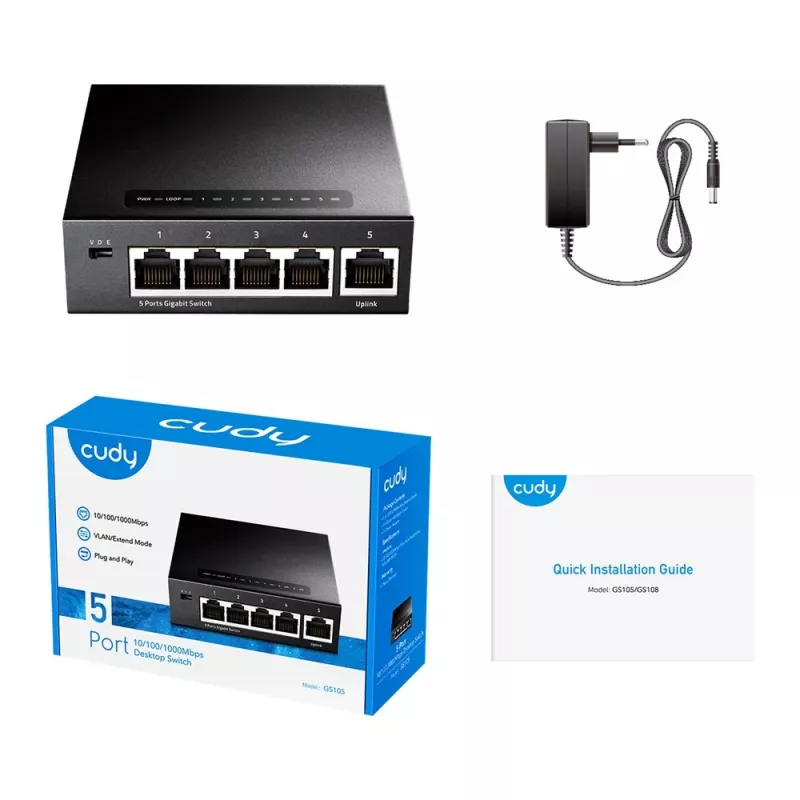 Netzwerk-Switch Cudy GS105 — 5-Port-Gigabit-Ethernet (10/100/1000), schwarz, 5 V DC Netzteil enthalten